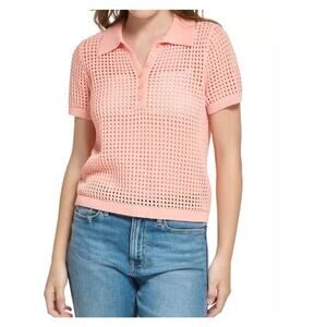 Calvin Klein Orange Coral Open Stitch Cap Sleeve Polo Shirt Women XS NEW Preppy